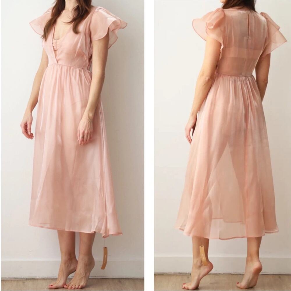 REFORMATION Glory Sheer Organza Tulle Deep V Ruffle Sleeve Pink Midi Dress Sz S